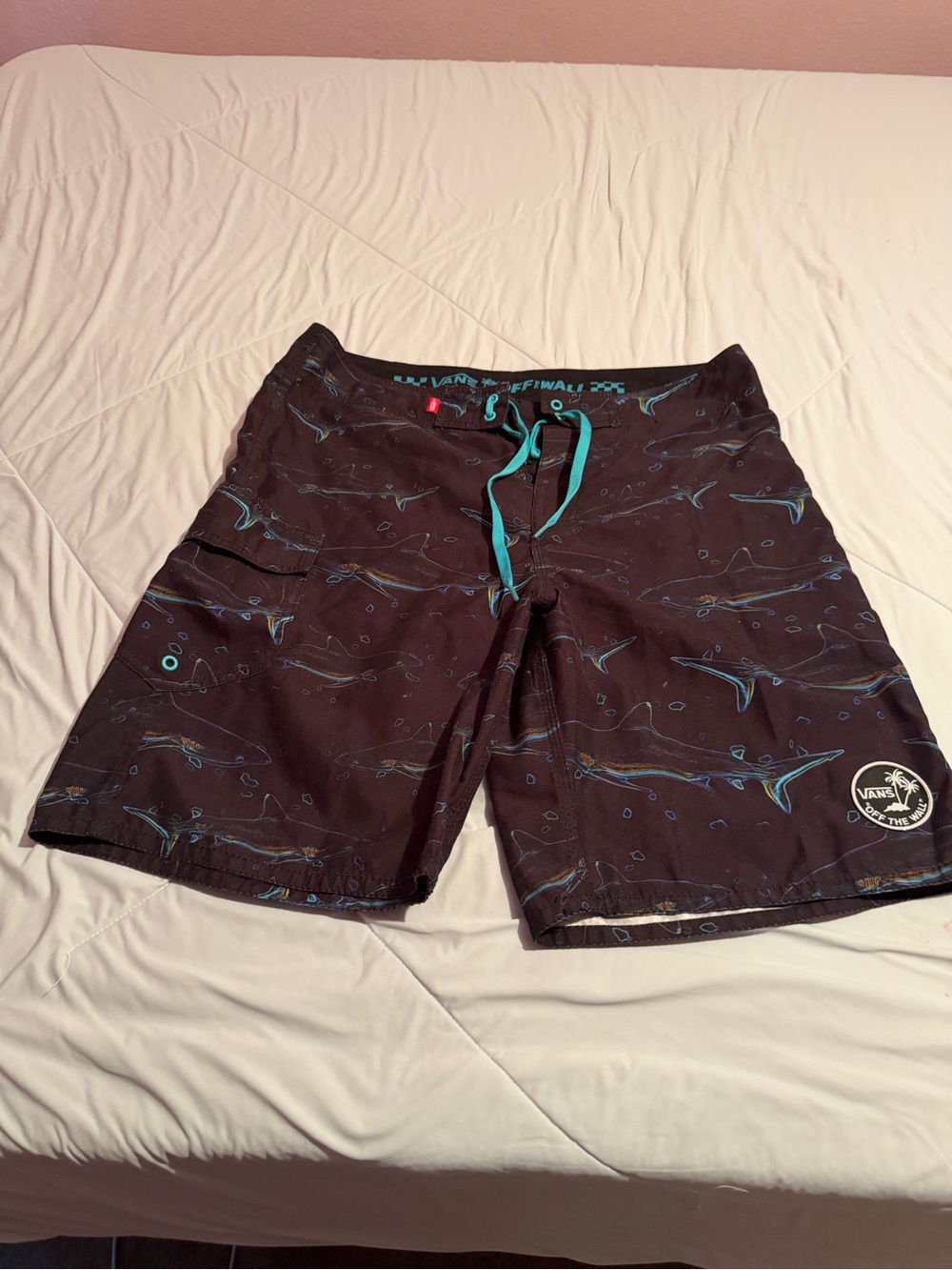 Vans Black Swim Board Shorts with Teal Drawstring and Blue Shark Print